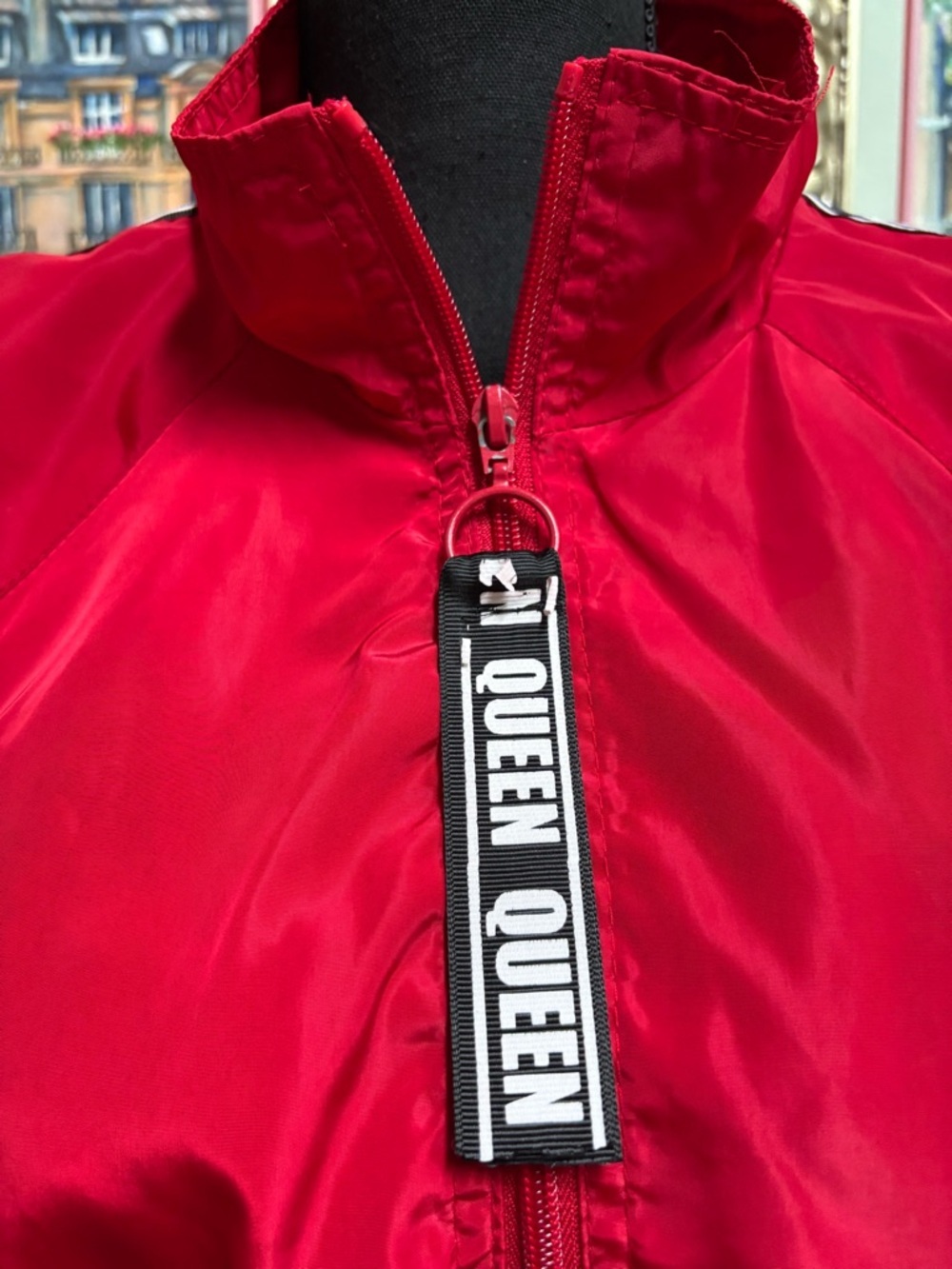 “Queen” Red Satin Bomber Cropped Zip-Up Jacket with Branded Trim Size XL